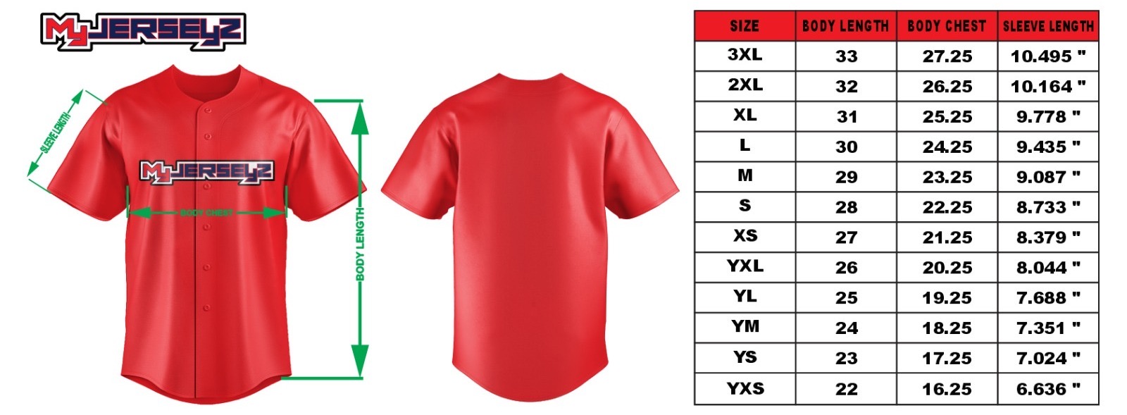 Baseball Jersey Size Chart
