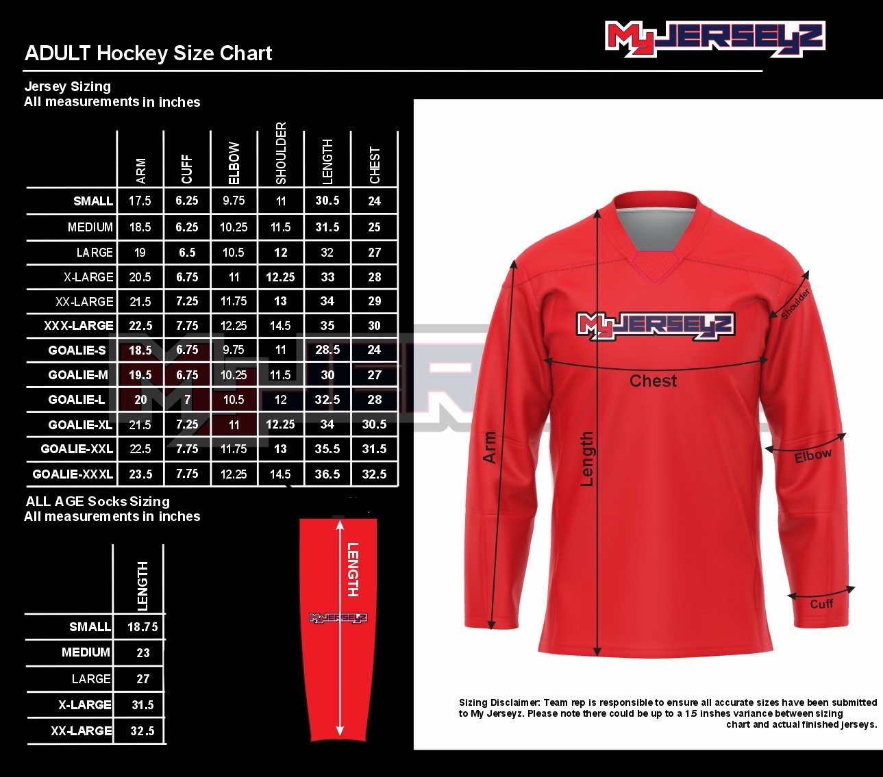 Adult Hockey Jersey Size Chart