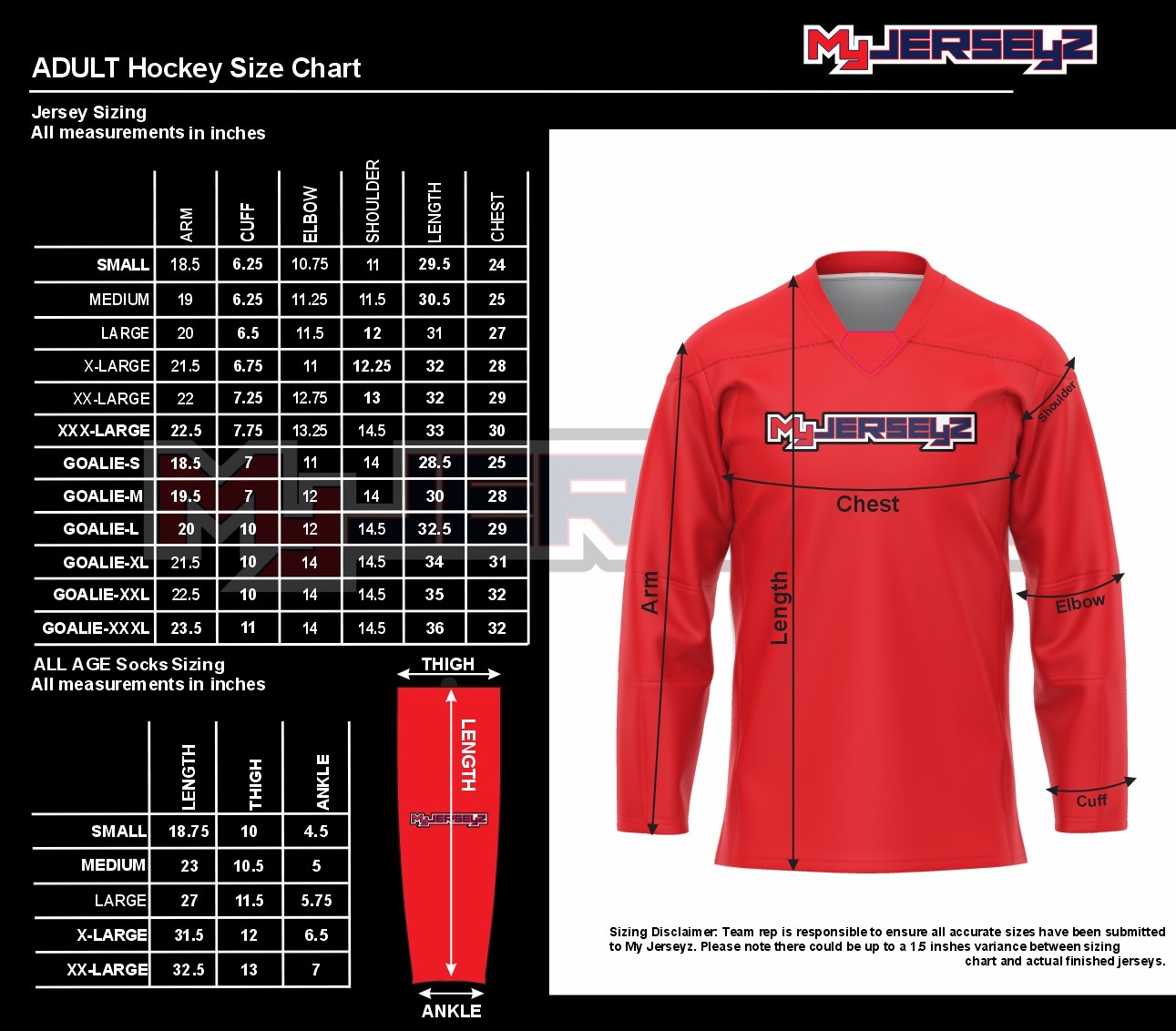 Adult Hockey Jersey Size Chart
