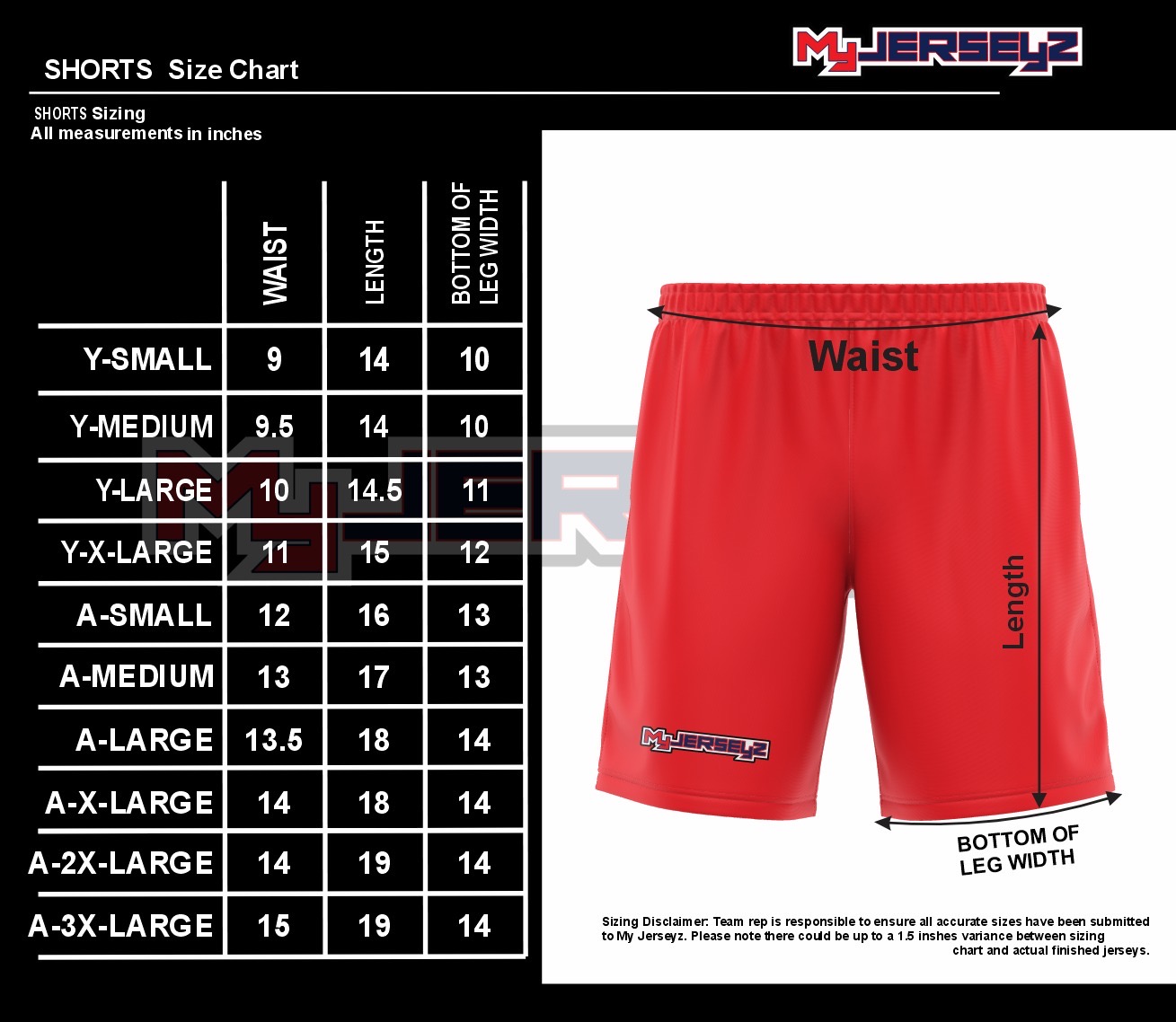 Warm Up Shorts Size Chart